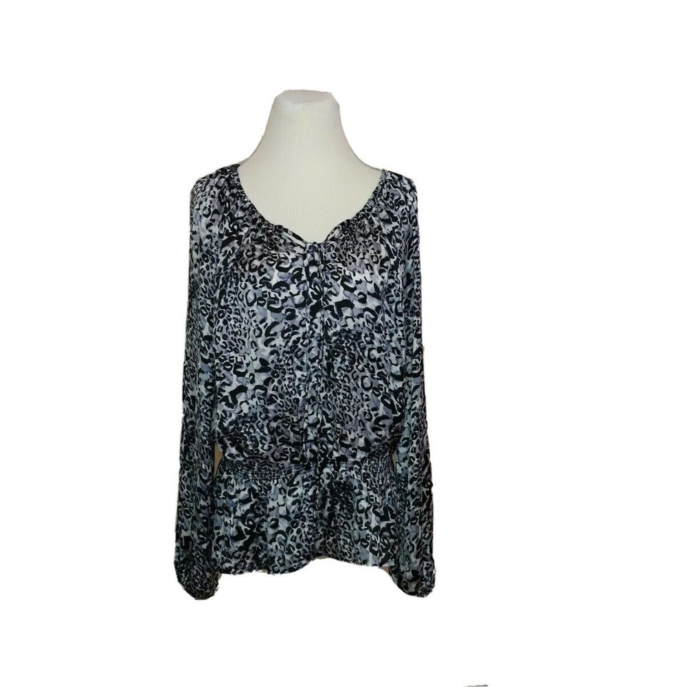 Ellen Tracy Womens Blouse Size L Gray‎ Animal Print Peplum Tie Neck Long Sleeves